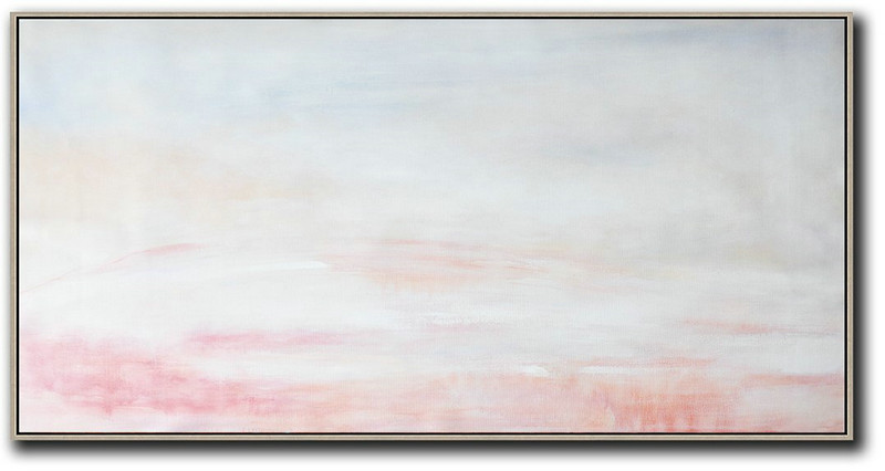 Handmade Large Painting,Large Panoramic Abstract Landscape Art On Canvas,Hand Painted Acrylic Painting,Grey,Pink,White.etc